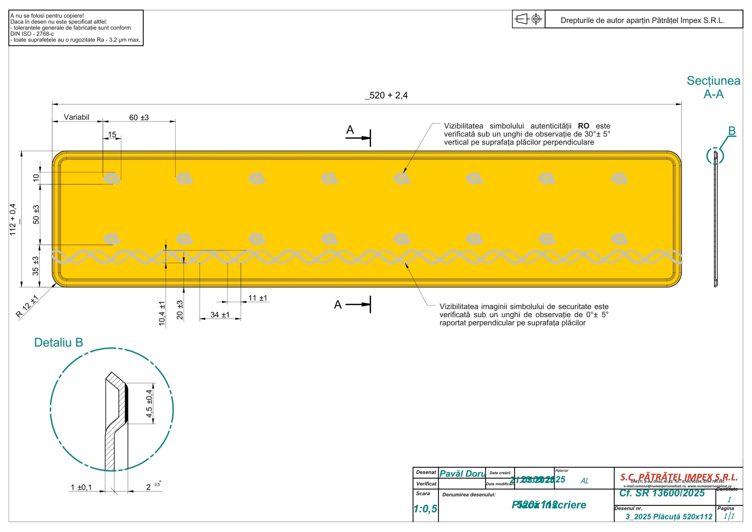 Schiță tehnică plăcuță galbenă - dimensiuni